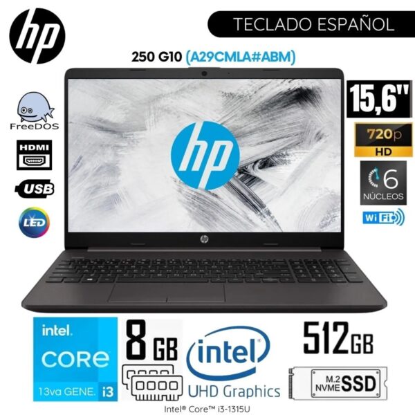 Laptop HP 250 G10 Intel Core i3-1315U 8GB RAM 512GB SSD 15.6 Pulg. HD (A29CMLA#ABM)