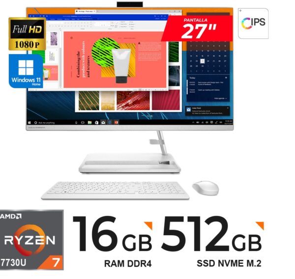 PC TODO EN UNO LENOVO IdeaCentre 3 27ALC6 27″ FHD IPS Ryzen 7 7730U 2.0/4.5GHz 16GB DDR4-3200 512GB W11 Home BLANCO(White)
