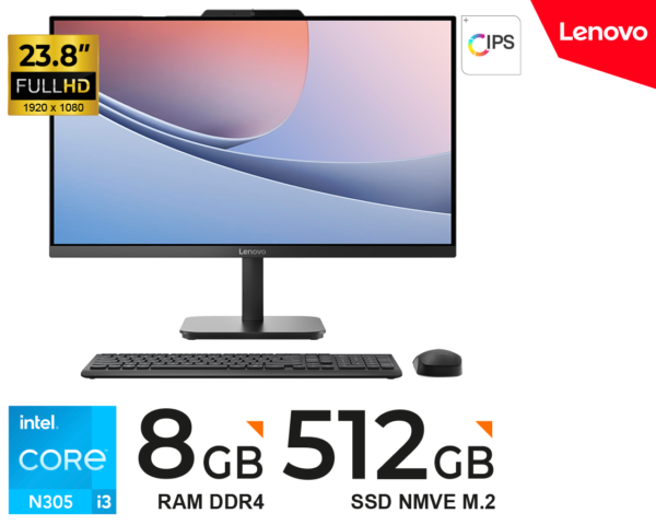 All-in-one Lenovo V100, 23.8" FHD IPS, Core i3 N305 hasta 3.8GHz, 8GB DDR4-3200MHz SO-DIMM