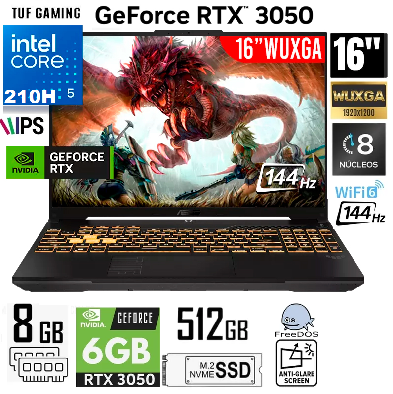 Laptop Asus TUF FX607VJ-RL016 16" WUXGA, Core 5-210H, Ram 8GB, Ssd 512GB, RTX 3050 6GB, Win 11