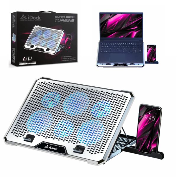 Cooler para Laptop mas soporte de movil iDock Turbine N9 Silver - Imagen 2