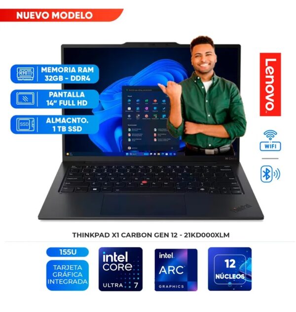 Laptop LENOVO Thinkpad X1 Carbon Gen 12, Core Ultra 7 155U, 32GB LPDDR5x, 1TB SSD, 14" WUXGA IPS