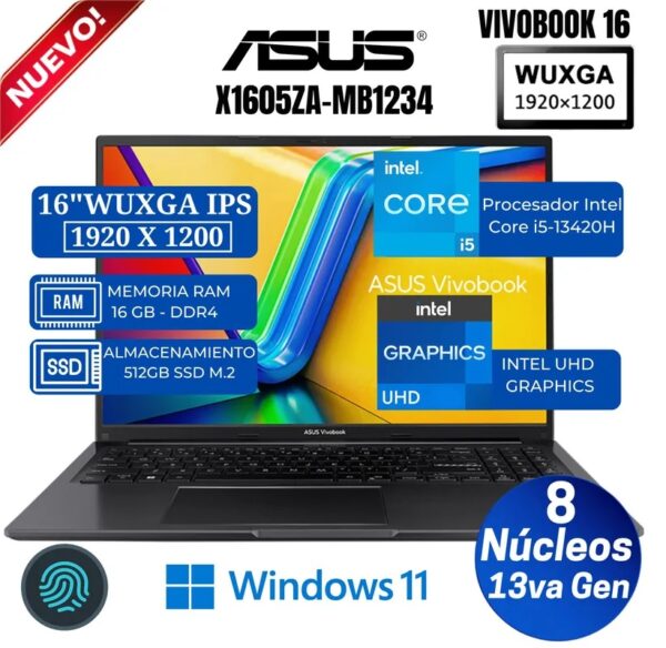 Laptop ASUS VivoBook X1605VA-MB1234 16" WUXGA IPS, Core i5-13420H, Ram 16GB, Ssd 512GB/FREDOS