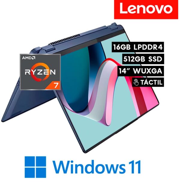 Laptop Lenovo IdeaPad Flex 5 14ABR8 - Ryzen 7 7730U RAM 16GB Disco 512GB SSD 14" WUXGA Táctil W11