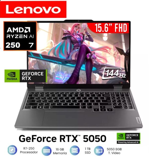 Laptop Lenovo LOQ 15AHP10 Ryzen 7 IA 250 Ram 16GB Disco 1TB SSD Video Nvidia RTX 5050 8GB 15.6" FHD Windows 11 (83JG000FUS)
