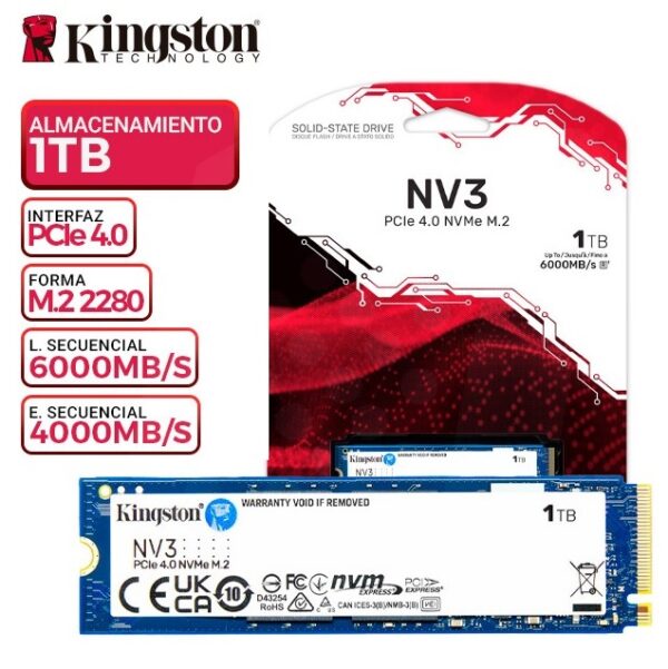 SSD Disco 1TB Kingston NV3 NVMe PCIe 4.0 de 6000Mb/s