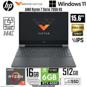 Laptop HP Victus 15-FB3093DX AMD Ryzen 7 7445HS 16GB RAM 512GB SSD RTX 4050-6GB 15.6" FHD Win 11 /TECLADO AMERICANO