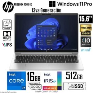 Laptop HP PROBOOK 450 G10 15.6" FHD, Intel core i7-1355U, Ram 16GB, Ssd 512 gb , Win 11 Pro OPEN BOX