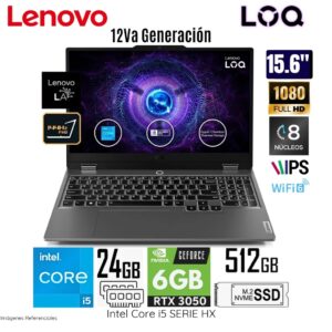LAPTOP LENOVO  LOQ 15IAX9 INTEL CORE I5 12450HX -RAM 24GB DDR5 -LED  FHD VIDEO RTX 3050-6GB SOLIDO 512GB SSD (83GS00EQLM)