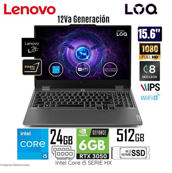 LAPTOP LENOVO  LOQ 15IAX9 INTEL CORE I5 12450HX -RAM 24GB DDR5 -LED  FHD VIDEO RTX 3050-6GB SOLIDO 512GB SSD (83GS00EQLM)