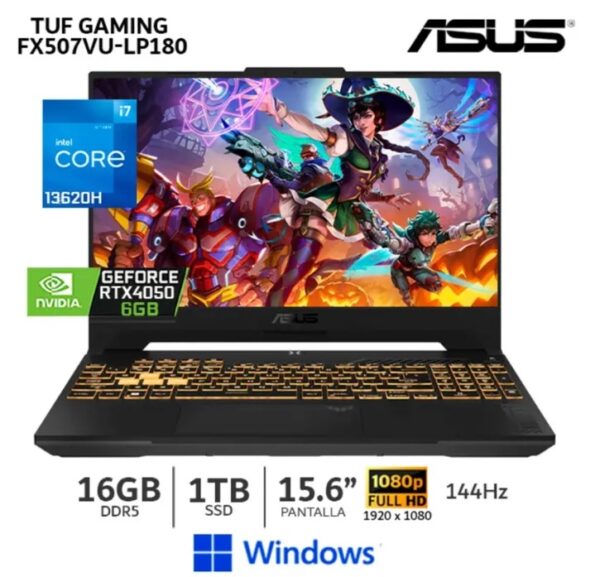 Laptop ASUS TUF F15 FX507VU-LP180 PROCESADOR INTEL i7-13620H RAM16Gb SOLIDO1Tb VIDEO Geforce RTX™ 4050 6GB WINDWS HOME