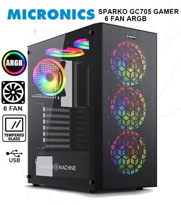 CASE MICRONICS SPARKO GC705 GAMER 6 FAN ARGB (D:35CM W:20CM H:44CM) SIN FUENTE