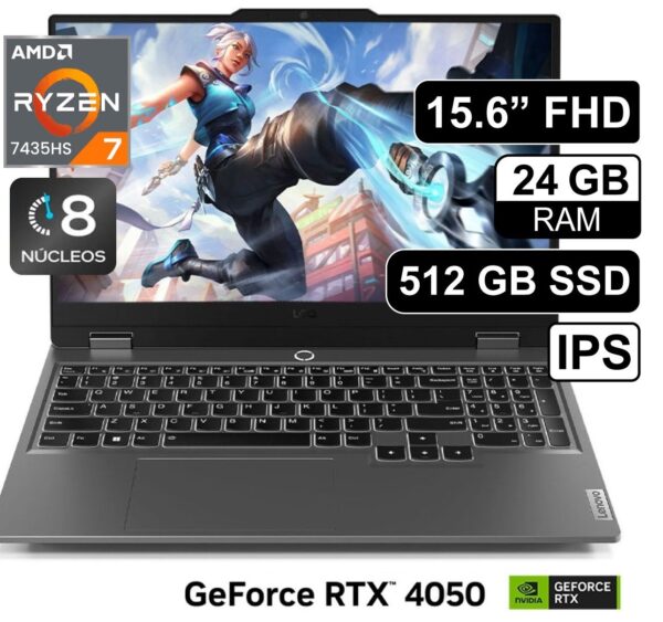 LAPTOP LENOVO LOQ 15ARP9 83JC008GLM AMD RYZEN 7 7435HS / 24GB RAM / 512GB SSD / 15.6” FHD / RTX 4050 6GB
