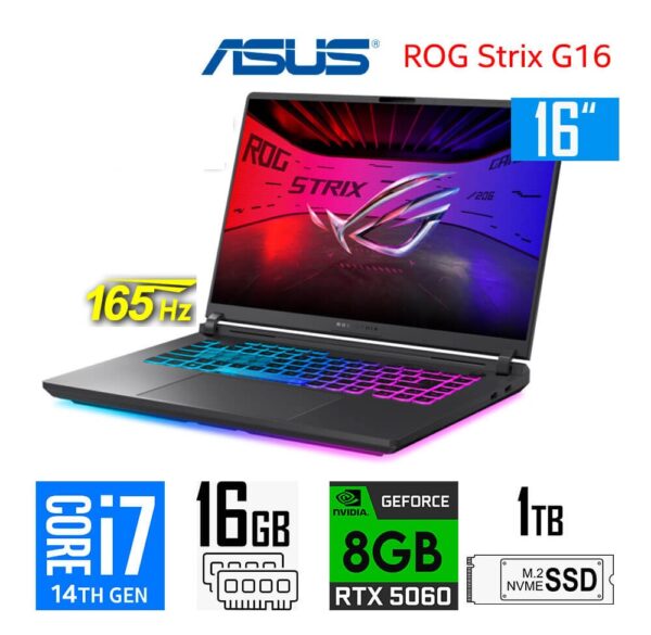 Laptop  ASUS ROG STRIX G16 (2025), Core i7 14650HX, 16GB RAM DDR5, 16″ WUXGA IPS, RTX 5060 8GB, 1TB SSD M.2,TECLADO AMERICANO