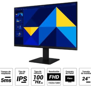 Monitor plano Samsung 24” Essential S3 LS24D300GALXPE, Panel IPS, FHD (1920X1080), 100Hz, 5ms, entradas HDMI/VGA