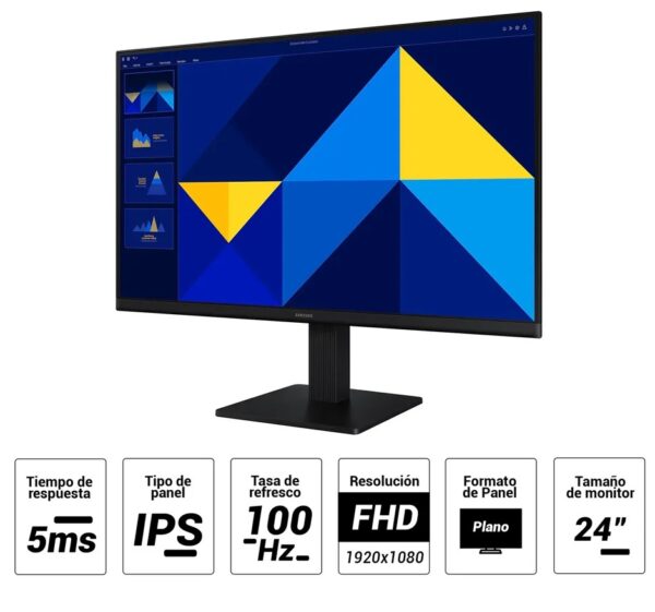 Monitor plano Samsung 24” Essential S3 LS24D300GALXPE, Panel IPS, FHD (1920X1080), 100Hz, 5ms, entradas HDMI/VGA