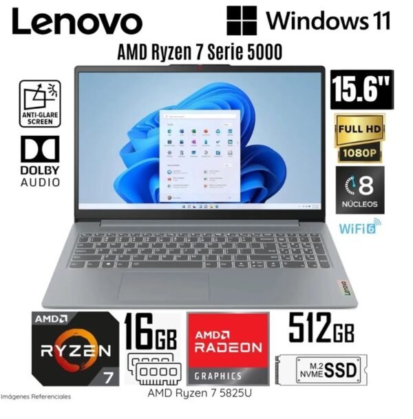 LAPTOP LENOVO IDEAPAD SLIM 3 15ABR8 AMD RYZEN 7 5825U 16GB RAM 512GB SSD 15.6' FHD - 82XM00S6LM