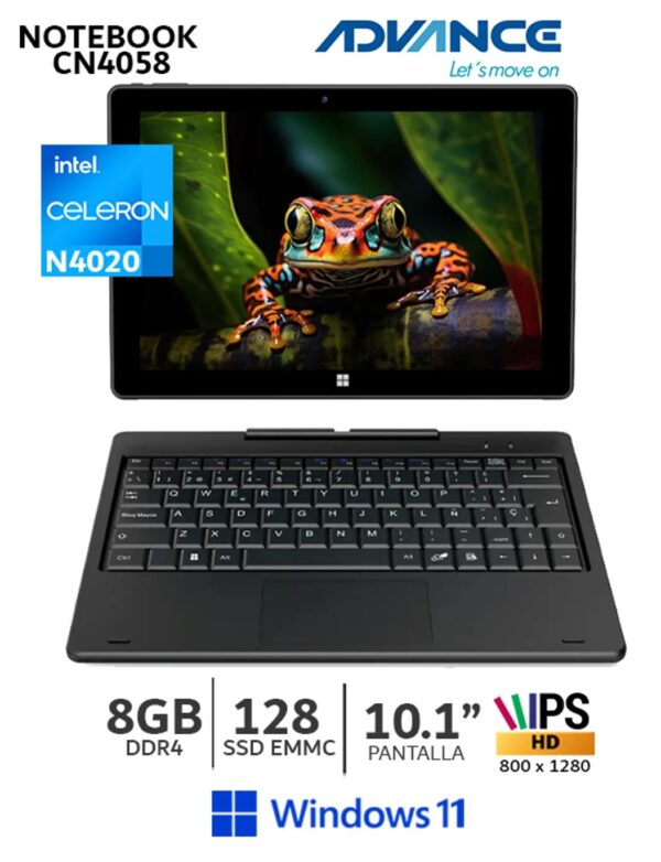 Laptop Advance CN4058 2 en 1 Celeron N4020 RAM 8GB Disco 128GB 10.1 Pantalla táctil Windows 11