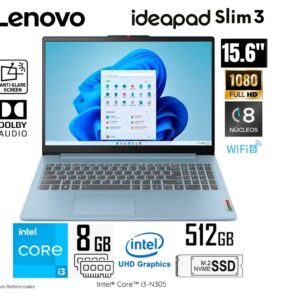 LAPTOP LENOVO IDEAPAD SLIM 3 15IAN8 INTEL CORE I3-N305 8GB RAM 512GB SSD 15.6 FHD - 82XB003MLM