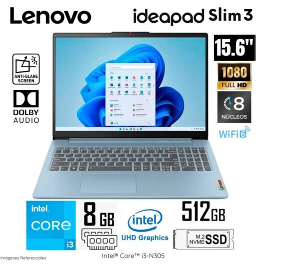 LAPTOP LENOVO IDEAPAD SLIM 3 15IAN8 INTEL CORE I3-N305 8GB RAM 512GB SSD 15.6 FHD - 82XB003MLM