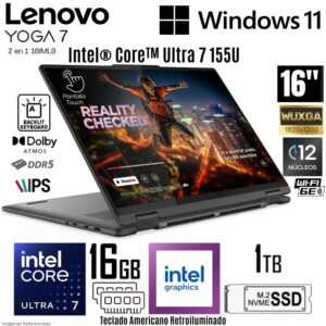 Laptop Lenovo Yoga 7 2 en 1 Intel Core Ultra 7 155U 16 GB DDR5 RAM 1TB SSD 16" WUXGA TouchScreen